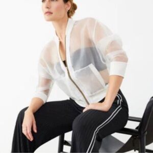 GSTQ Ivory White Sheer Bomber Jacket